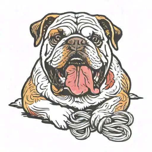 A bloody English bulldog chews on a torn braid tattoo design idea