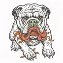 A bloody English bulldog chews on a torn braid tattoo design idea