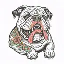 A bloody English bulldog chews on a torn braid tattoo design idea
