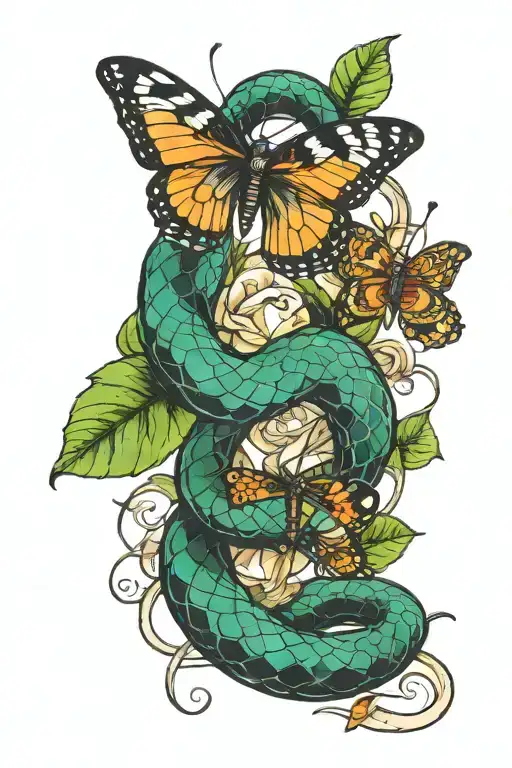 snake and butterfly emerging tattoo design idea