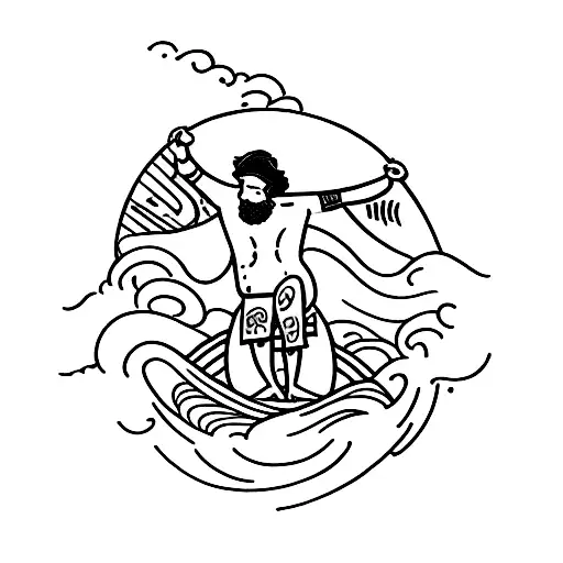 I need a small fine line tattoo that represents "surf and turf". this should be a man on a surfboard with turf/grass tattoo design idea