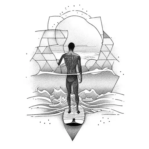 outline of man on a surf board. with grass underneath tattoo design idea
