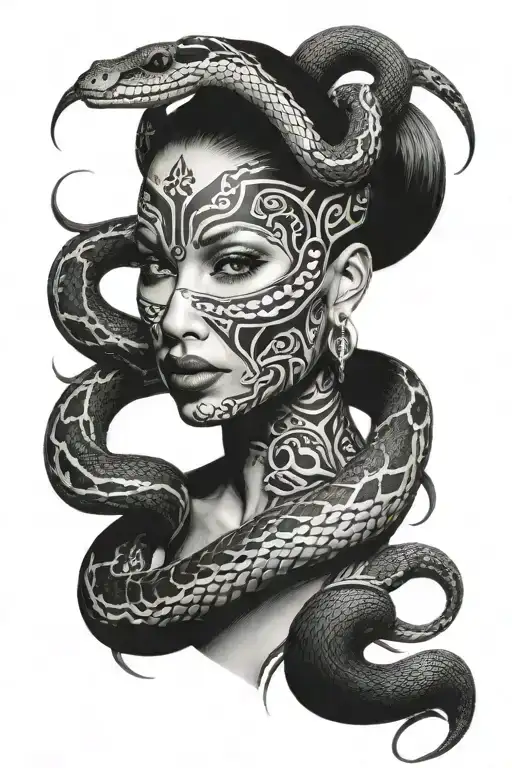 snake with tribal women face tattoo design idea
