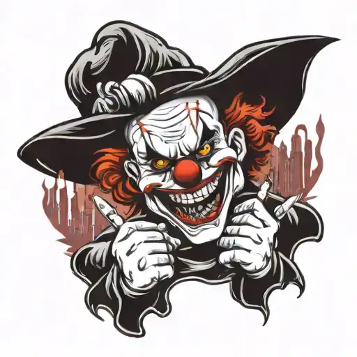 angry clown mask with a smile and knives in his hands against the background of the city tattoo design idea