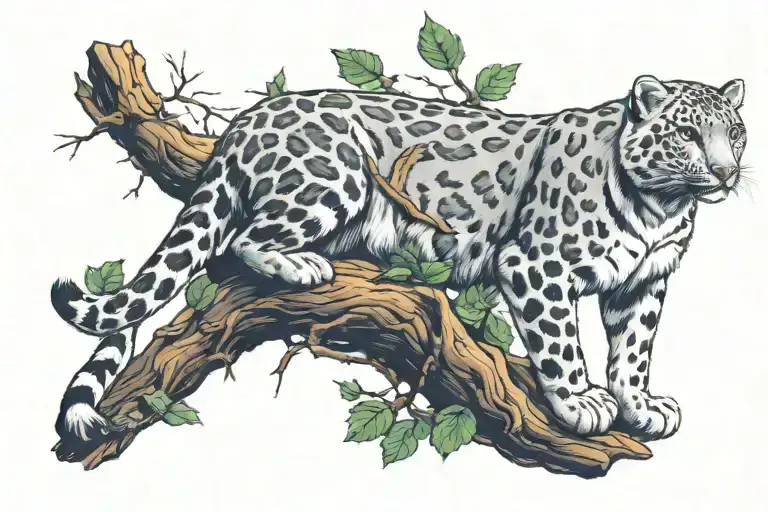 Snow leopard under the tree Ash tattoo design idea
