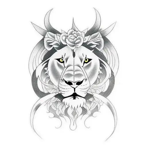 half lioness face half bull face split down the middle  tattoo design idea