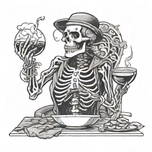 A skeleton enjoying a meal at a fancy restaurant items on top tattoo design idea