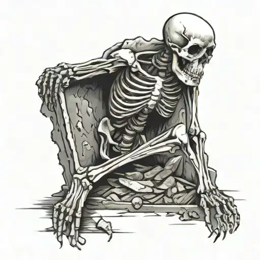 A skeleton in a grave eating meat given by a gravedigger tattoo design idea