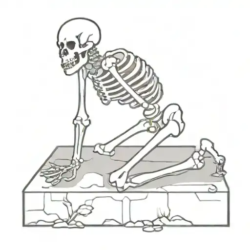 A skeleton in a grave eating meat given by a gravedigger tattoo design idea