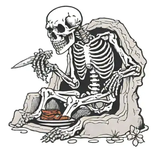 A skeleton in a grave eating meat given by a gravedigger tattoo design idea