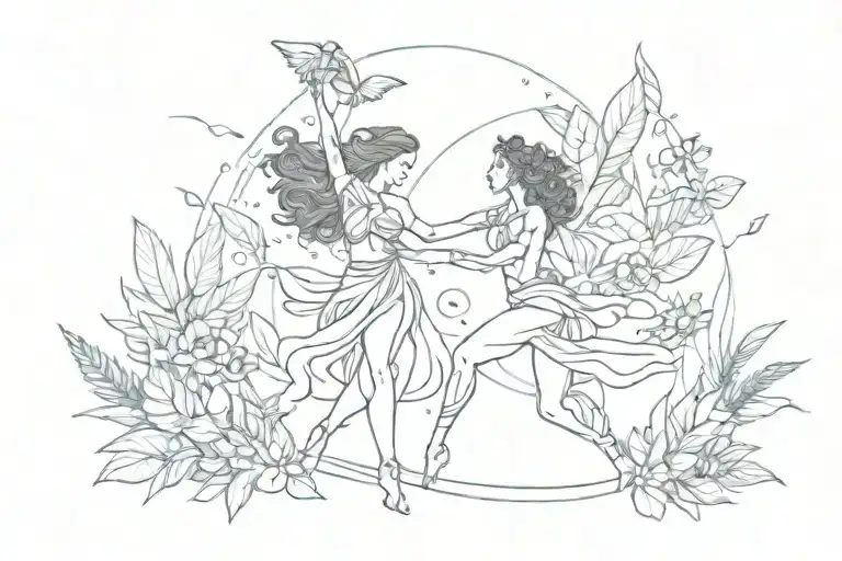 freedom and nature elements and people dancing and tropical and may birthstone tattoo design idea