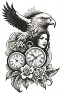 chicano style tattoo featuring eagle face, clock, fillegry, girl face tattoo design idea