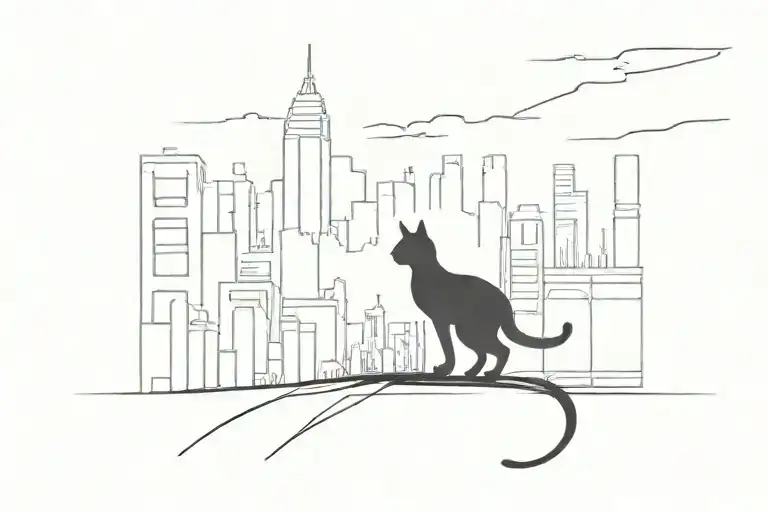 silhouette of black cat looking into a city scape skyline tattoo design idea