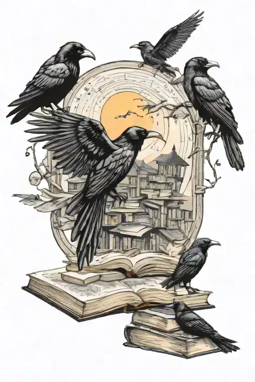 books with moon phase and raven tattoo design idea