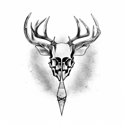 A blackwork tattoo of a deer skull adorned with archery arrows tattoo design idea