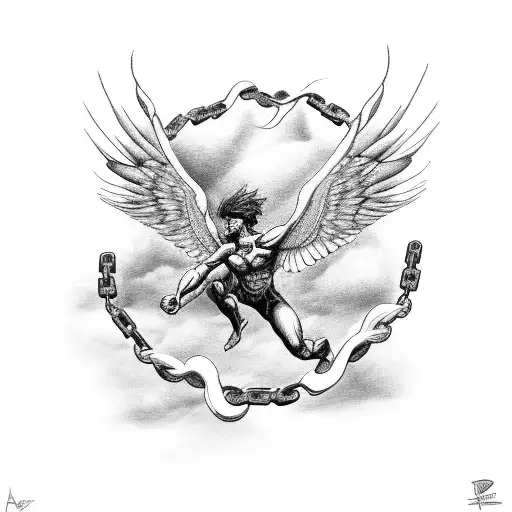 A black-grey tattoo of Icarus breaking free from the chains of overthinking tattoo design idea