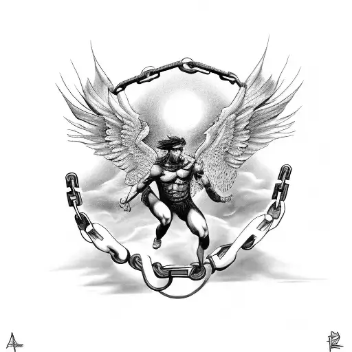 A black-grey tattoo of Icarus breaking free from the chains of overthinking tattoo design idea