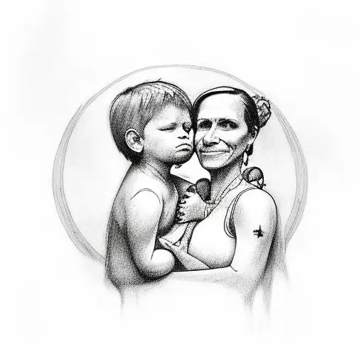 A tattoo of a mother holding hands with her son, surrounded by their favorite animals tattoo design idea