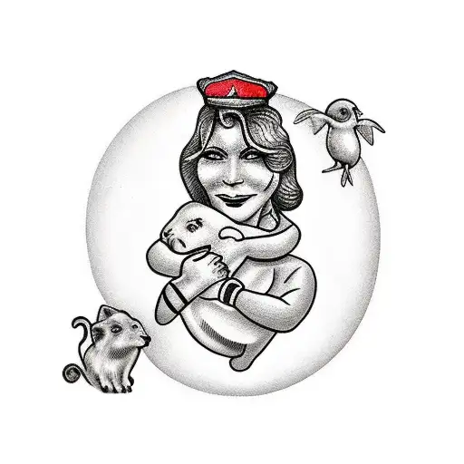 A tattoo of a mother holding hands with her son, surrounded by their favorite animals tattoo design idea