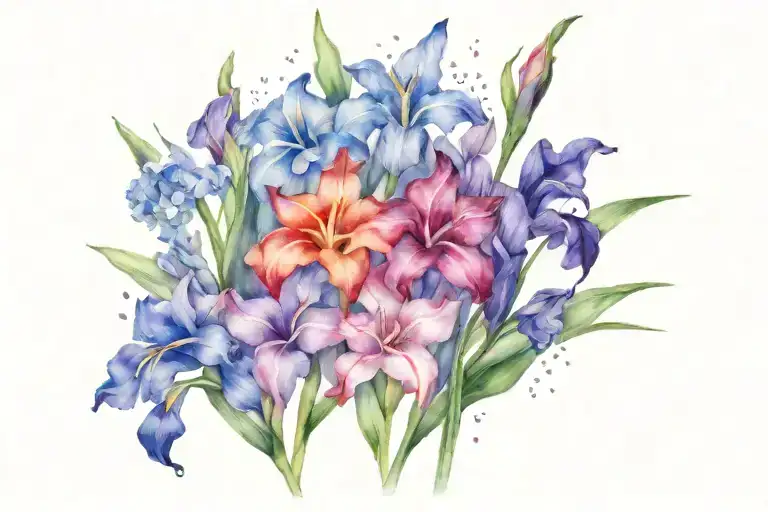 gladiolus flower, larkspur flower and violet flower intertwined tattoo design idea