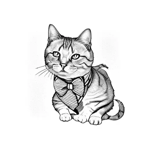 fat cat outline with bow tie tattoo design idea