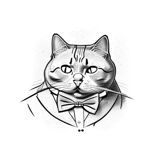 fat cat one line with bow tie tattoo design idea