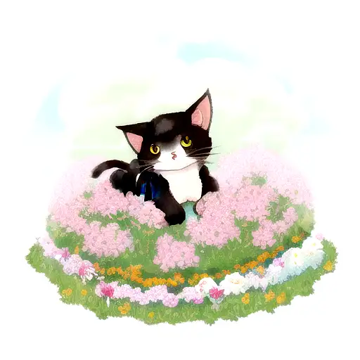 A lop-eared cute cat sitting on a cloud among flowers tattoo design idea
