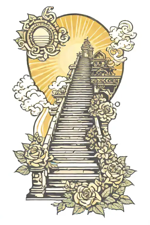 stair case leading to heaven with flowers and sunshine  tattoo design idea