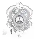 Buddhist inspired tattoo with a cyber security twist, featuring a digitalized unalome design tattoo design idea