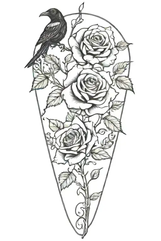 black rose raven perched on vines wrapping around calf  tattoo design idea