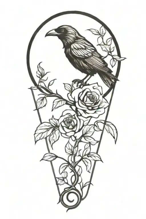 black rose raven perched on vines  tattoo design idea