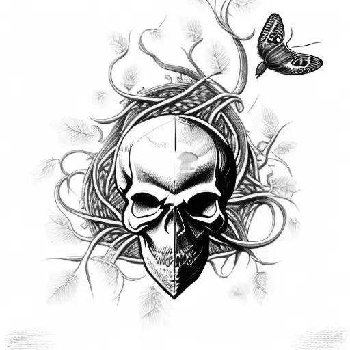 skull with moth and vines around it tattoo design idea