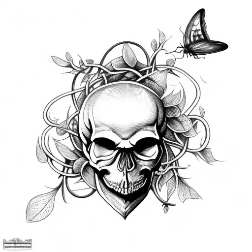 skull with moth and vines around it tattoo design idea