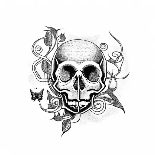 skull with moth and vines around it tattoo design idea