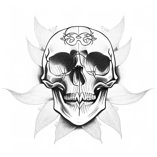 skull with moth and vines around it tattoo design idea