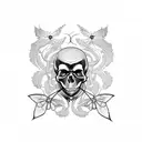 skull with moth and vines around it tattoo design idea