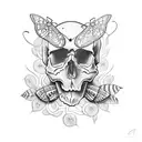 skull with moth and vines around it tattoo design idea