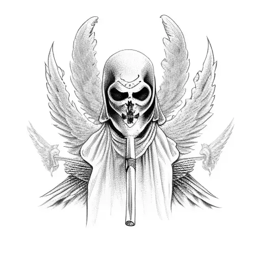 Angel of death with a scythe, with wings and in a hood tattoo design idea