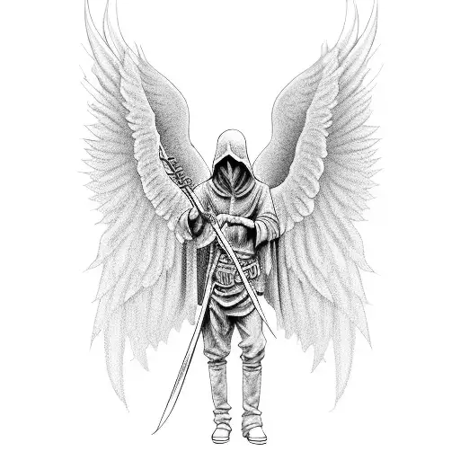 Angel of death with a scythe, with wings and in a hood tattoo design idea