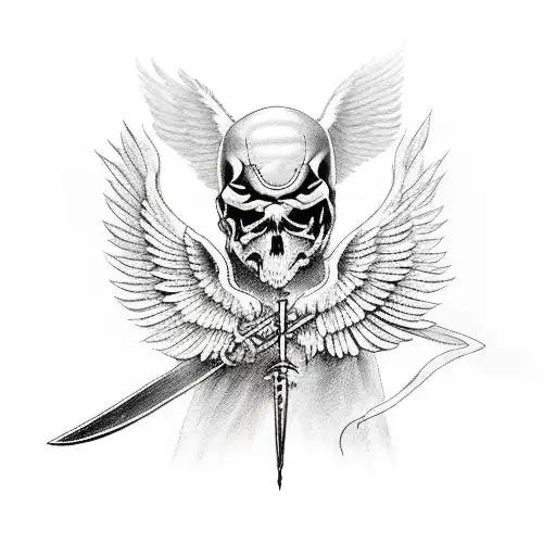 Angel of death with a scythe, with wings and in a hood tattoo design idea