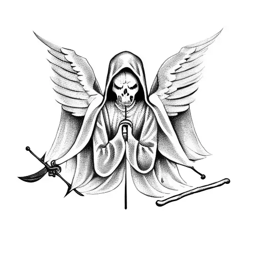 Angel of death with a scythe, with wings and in a hood tattoo design idea