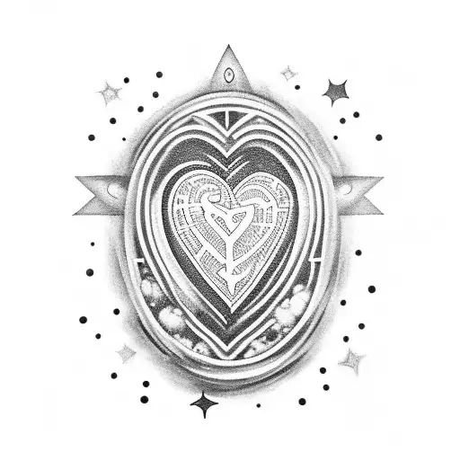 A black-grey tattoo of a heart-shaped gravestone surrounded by stars, symbolizing the eternal connection between the client's deceased loved ones and their passion for music. tattoo design idea