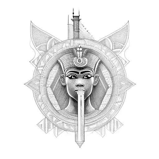 An intricate blackwork tattoo of an Egyptian pharaoh holding a blueprint with symbols of civil engineering integrated into the design tattoo design idea