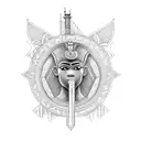 An intricate blackwork tattoo of an Egyptian pharaoh holding a blueprint with symbols of civil engineering integrated into the design tattoo design idea