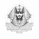 An intricate blackwork tattoo of an Egyptian pharaoh holding a blueprint with symbols of civil engineering integrated into the design tattoo design idea