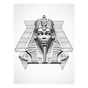 An intricate blackwork tattoo of an Egyptian pharaoh holding a blueprint with symbols of civil engineering integrated into the design tattoo design idea