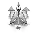 An intricate blackwork tattoo of an Egyptian pharaoh holding a blueprint with symbols of civil engineering integrated into the design tattoo design idea