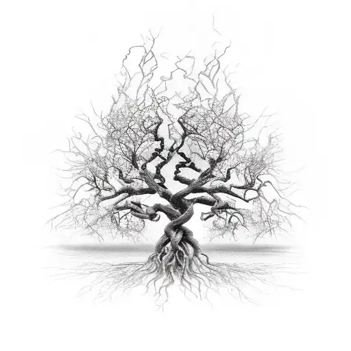 a tree with roots in hell, but tree growing to heaven with the body of a phoenix risen from the ashes tattoo design idea