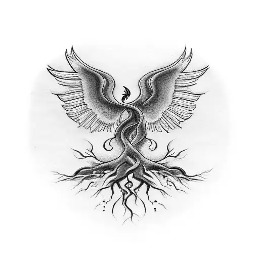Design a tattoo with a tree, downward roots, and a phoenix embodying 'Roots in hell, growth to heaven tattoo design idea