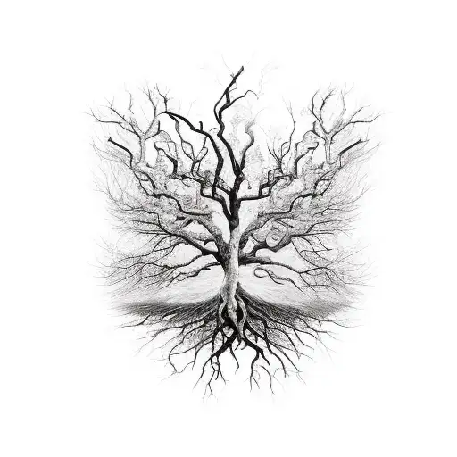a tree with roots in hell, but tree growing to heaven with the body of a phoenix risen from the ashes tattoo design idea